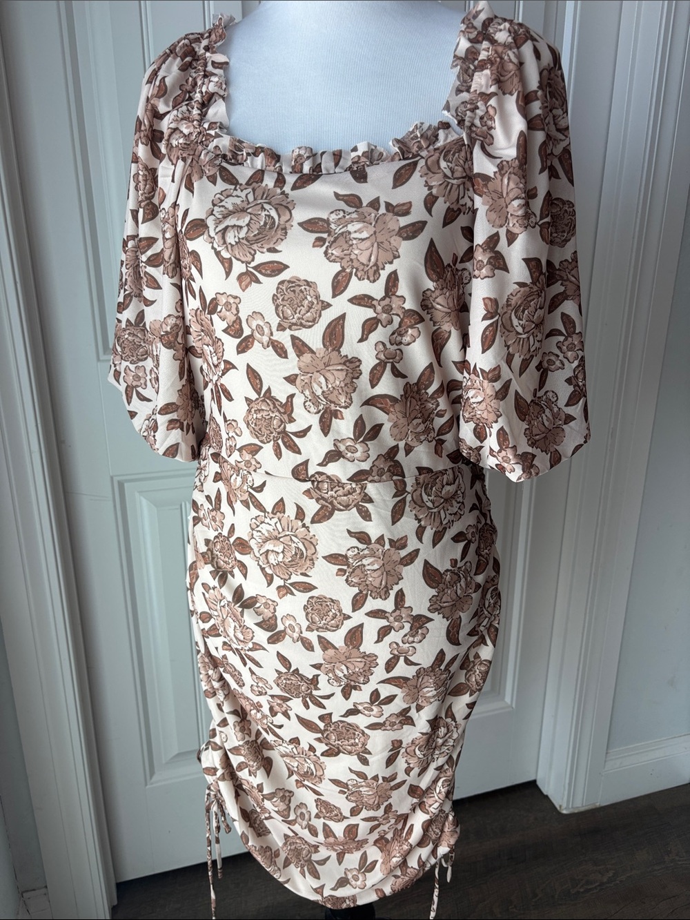 Floral Ruched Square-Neck Dress in Cream and Brown